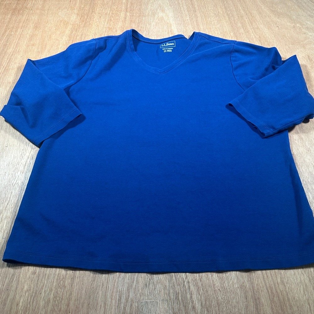 L.L.Bean V-Neck Top Women 1X Blue 100% Cotton 3/4 Sleeve 244336 Regular
